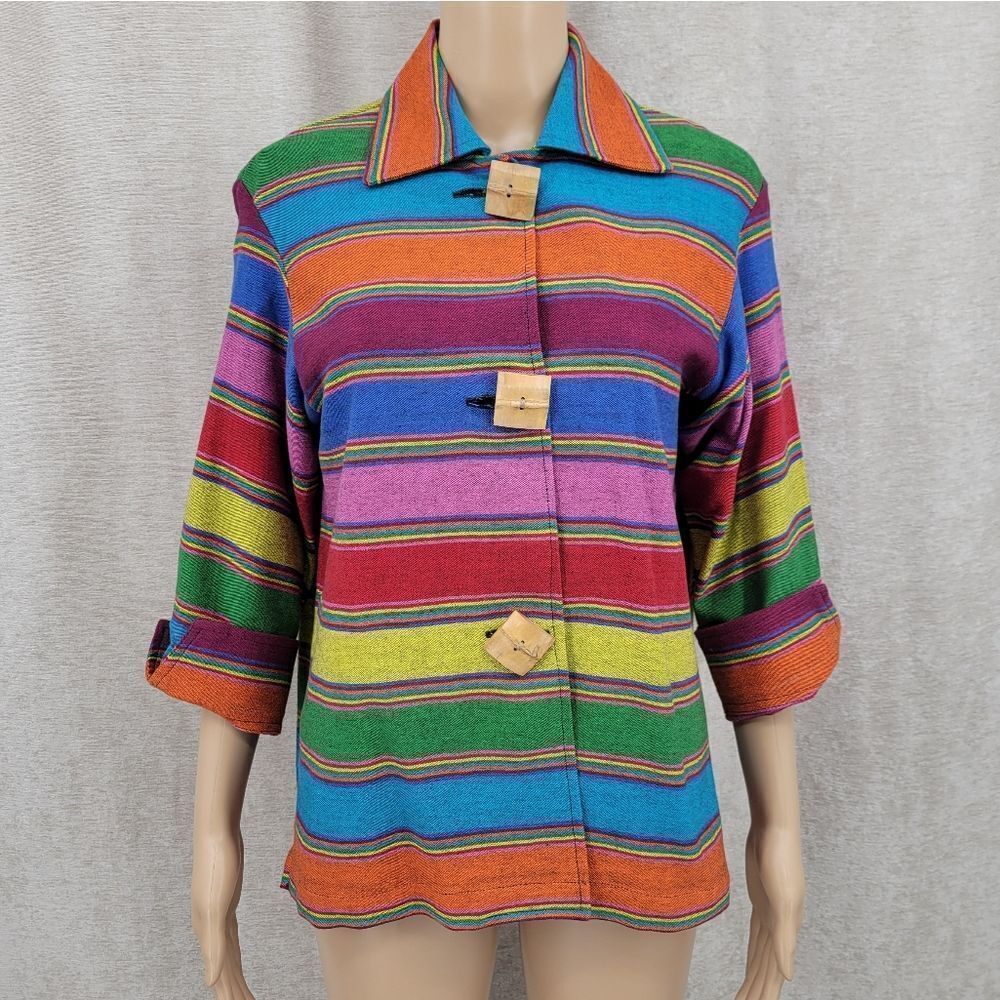 Norm Thompson Art to Wear Rustic Serape Striped  100% Cotton Jacket Size Medium